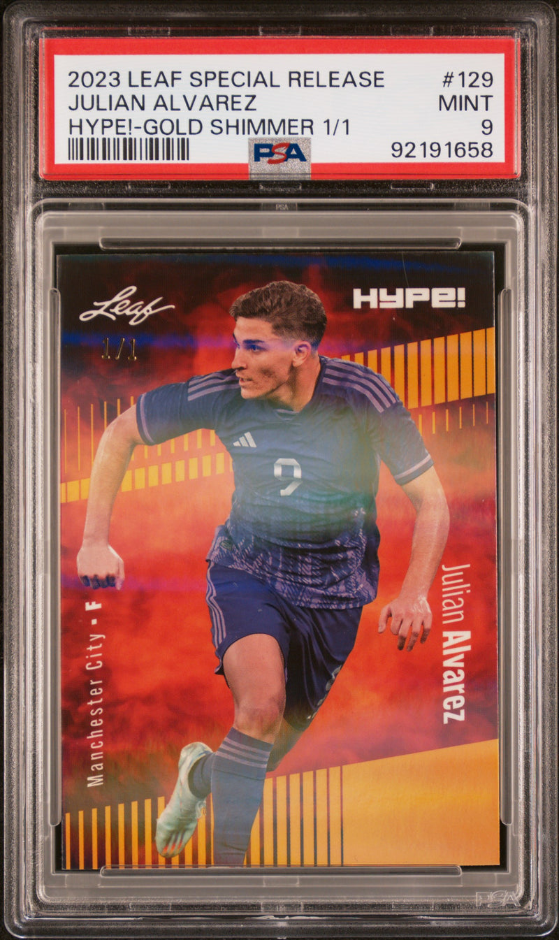 PSA 9 Julian Alvarez 2023 Leaf HYPE #129 Gold Shimmer 1/1 Rookie Card Manchester City