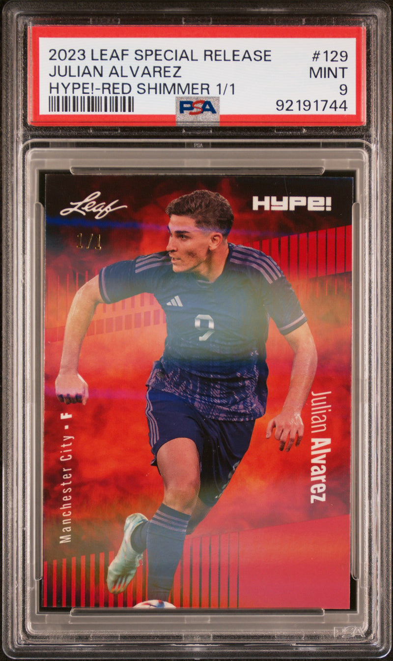 PSA 9 Julian Alvarez 2023 Leaf HYPE #129 Red Shimmer 1/1 Rookie Card Manchester City