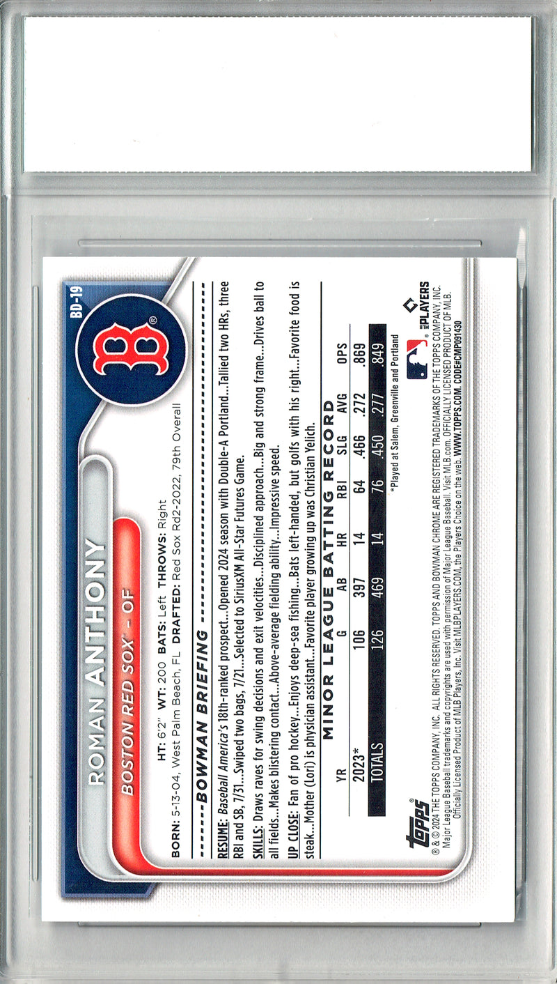 Roman Anthony Rookie Card 2024 Bowman Draft #BD-19 PRISTINE, PGI 10, Boston Red Sox Baseball