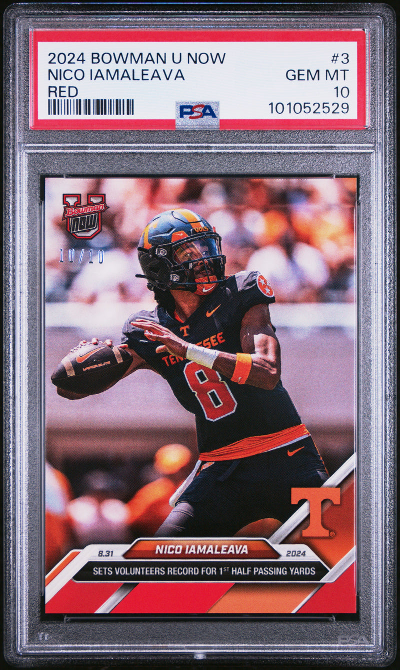 PSA 10 Nico Iamaleava 2024 Bowman University Now #3 Red SP #10/10 Rookie Card Tennessee Volunteers