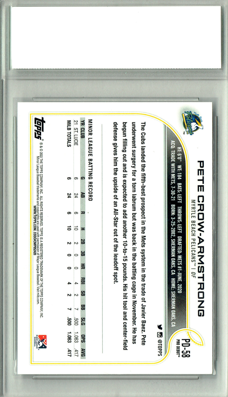 Pete Crow-Armstrong Rookie Card 2022 Topps #PD-58 Pro Debut, PGI 10, Chicago Cubs Baseball