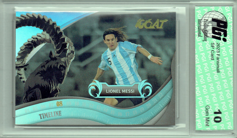 Lionel Messi 2023 Fansmall #5 Timeline Refractor Rare Trading Card PGI 10