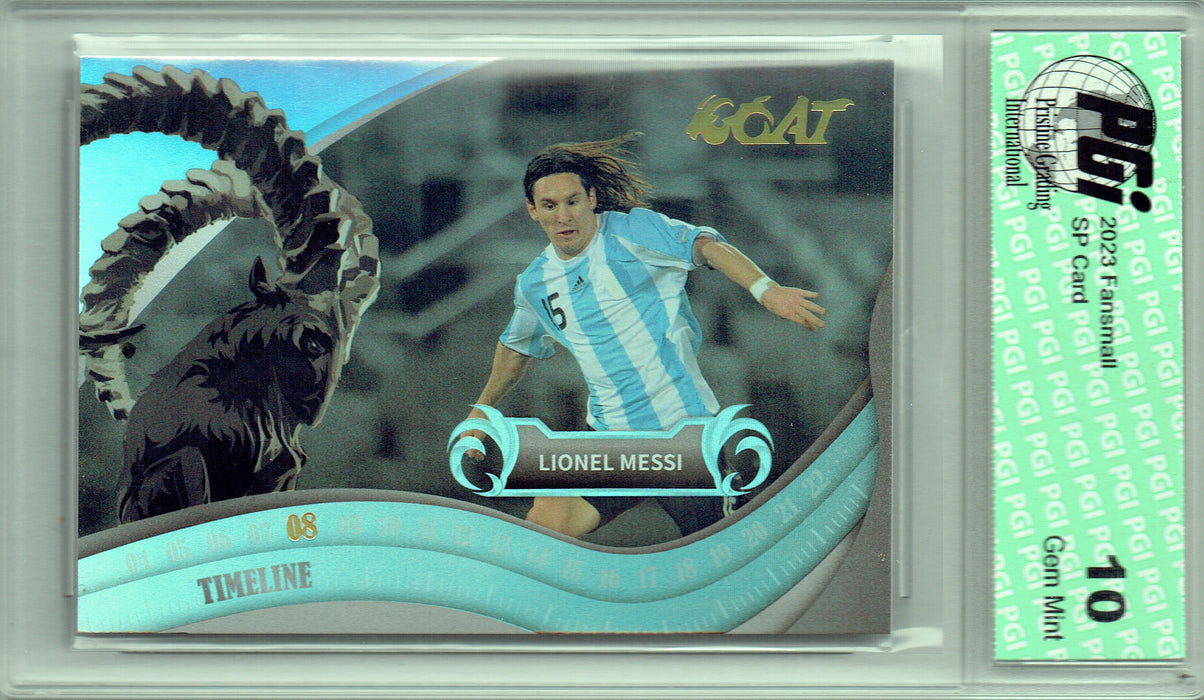 Lionel Messi 2023 Fansmall #5 Timeline Refractor Rare Trading Card PGI 10