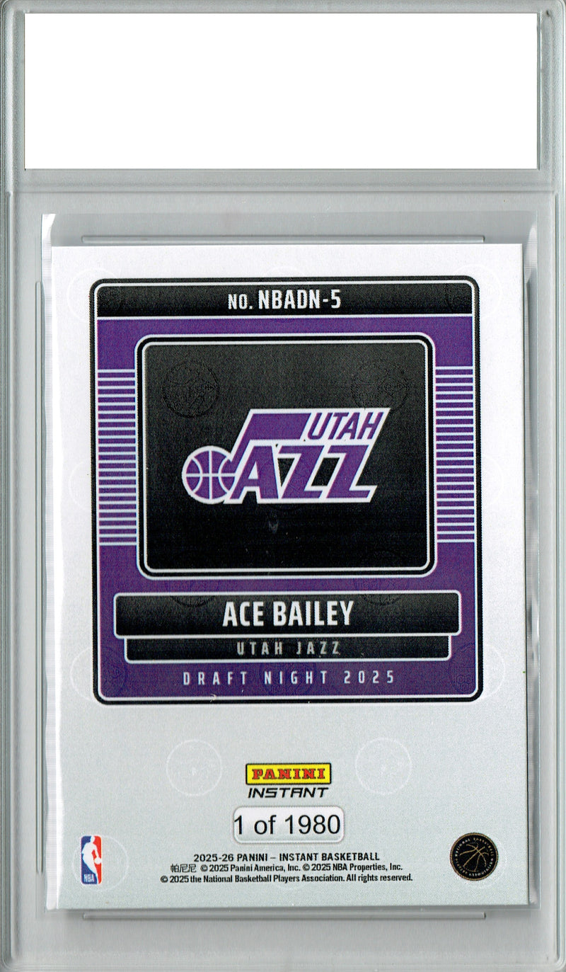 Certified Mint+ Ace Bailey 2025 Panini Instant #NBADN-5 Draft 2029 Rookie Card Utah Jazz
