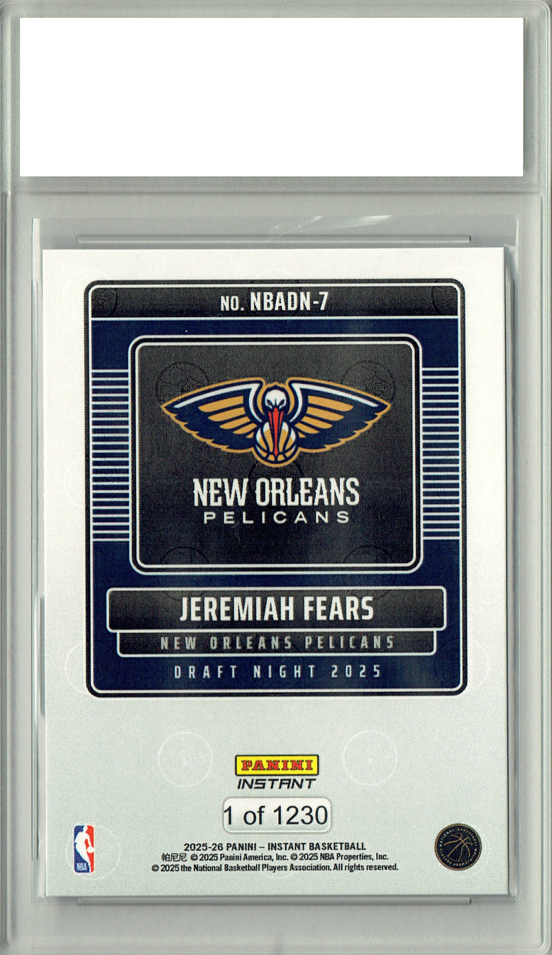 Certified Mint+ Jeremiah Fears 2025 Panini Instant #NBADN-7 Draft 2033 Rookie Card New Orleans Pelicans