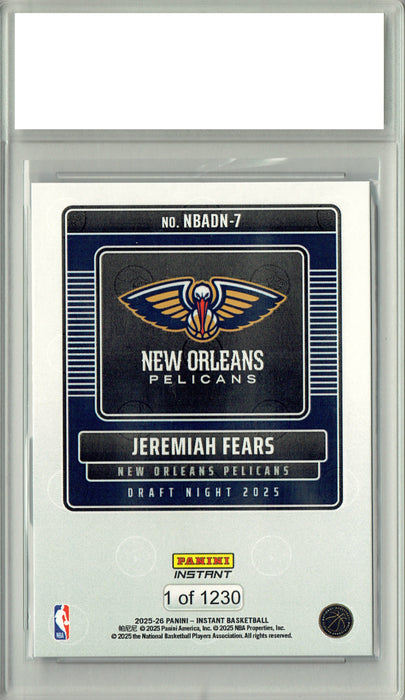 Jeremiah Fears 2025 Panini Instant #NBADN-7 Draft 2033 Rookie Card PGI 10