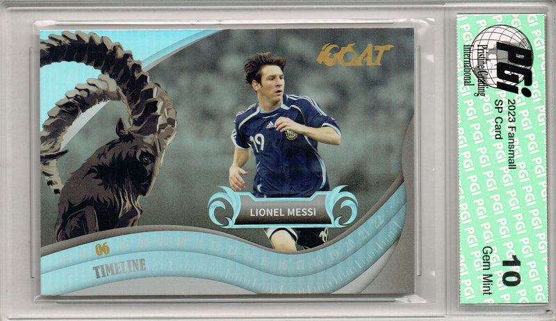 Lionel Messi 2023 Fansmall #3 Timeline Refractor Rare Trading Card PGI 10