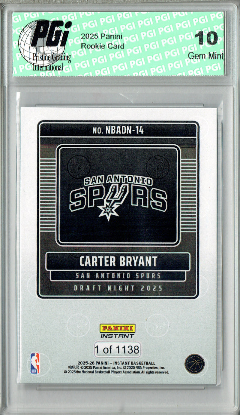 Certified Mint+ Carter Bryant 2025 Panini Instant #NBADN-14 Draft 2031 Rookie Card San Antonio Spurs