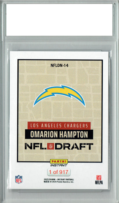 Certified Mint+ Omarion Hampton 2025 Panini Instant #NFLDN-14 NFL Draft Rookie Card Los Angeles Chargers
