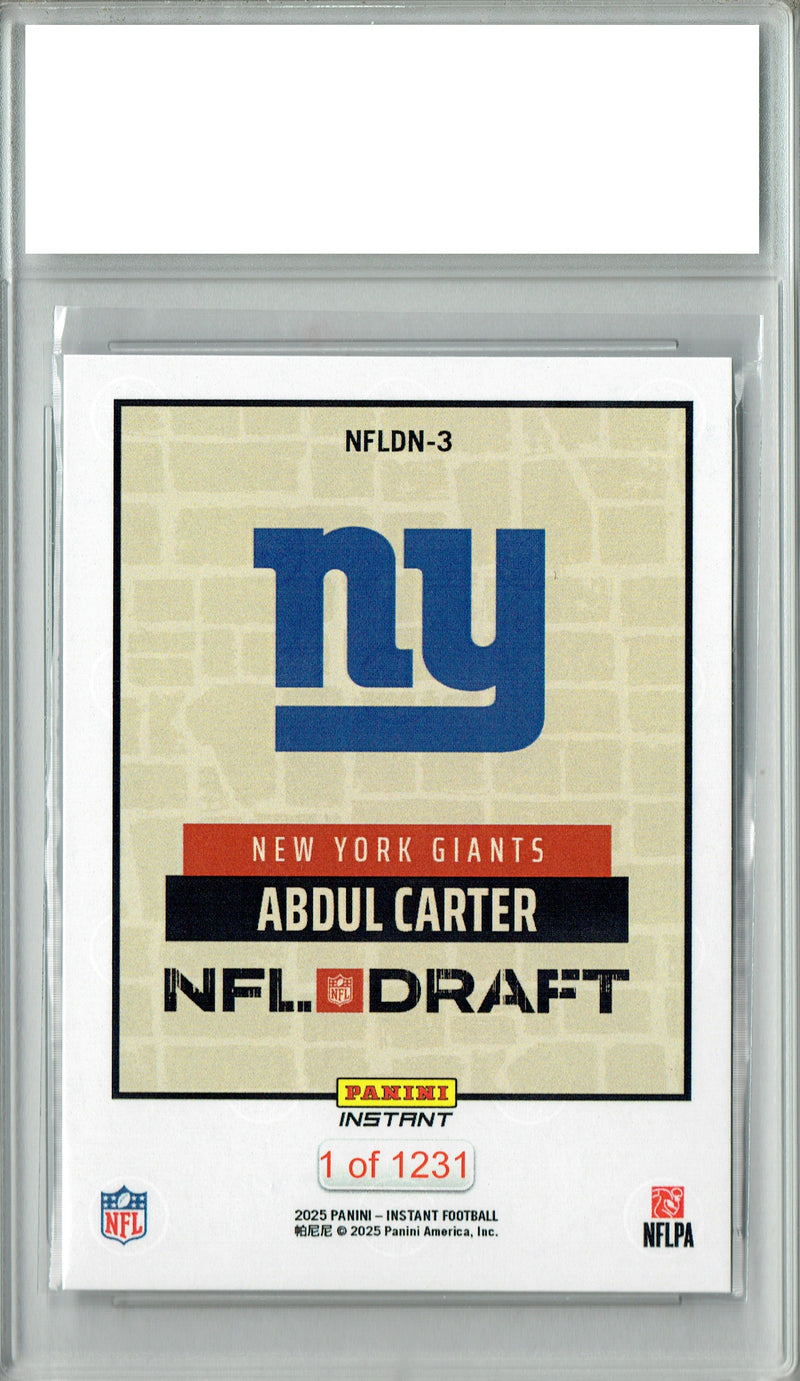 Certified Mint+ Abdul Carter 2025 Panini Instant #NFLDN-3 NFL Draft Rookie Card New York Giants