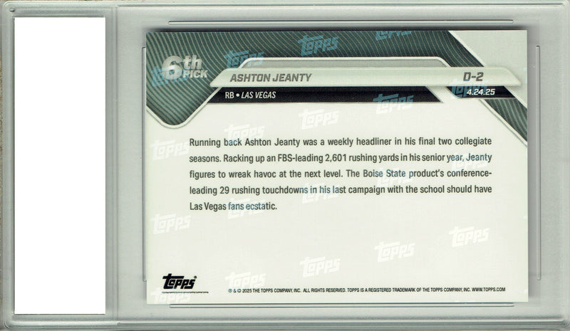 Ashton Jeanty 2025 Topps Now #D-2 Draft Night Rookie Card PGI 10