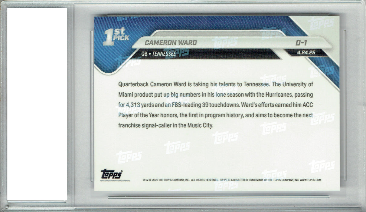 Certified Mint+ Cam Ward 2025 Topps Now #D-1 Draft Night Rookie Card Tennessee Titans