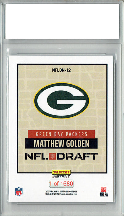 Certified Mint+ Matthew Golden 2025 Panini Instant #NFLDN-12 NFL Draft Rookie Card Green Bay Packers