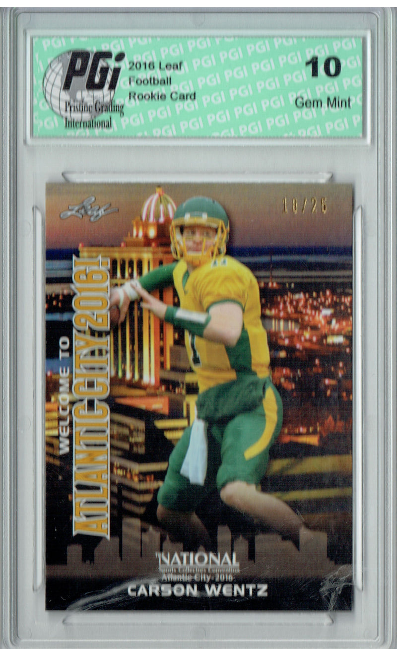 Carson Wentz Rookie Card Philadelphia PGI 10 Gem Mint Football Trading Card 2016 Leaf National #10 SSP, Only 25 Made