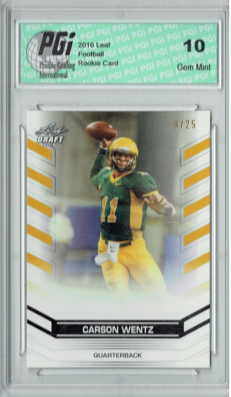 Carson Wentz Rookie Card Philadelphia PGI 10 Gem Mint Football Trading Card 2016 Leaf Draft Gold #2 Only 25 Made