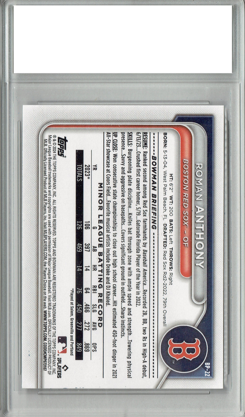 Certified Mint+ Roman Anthony 2024 Bowman #BP-22 Rookie Card Boston Red Sox