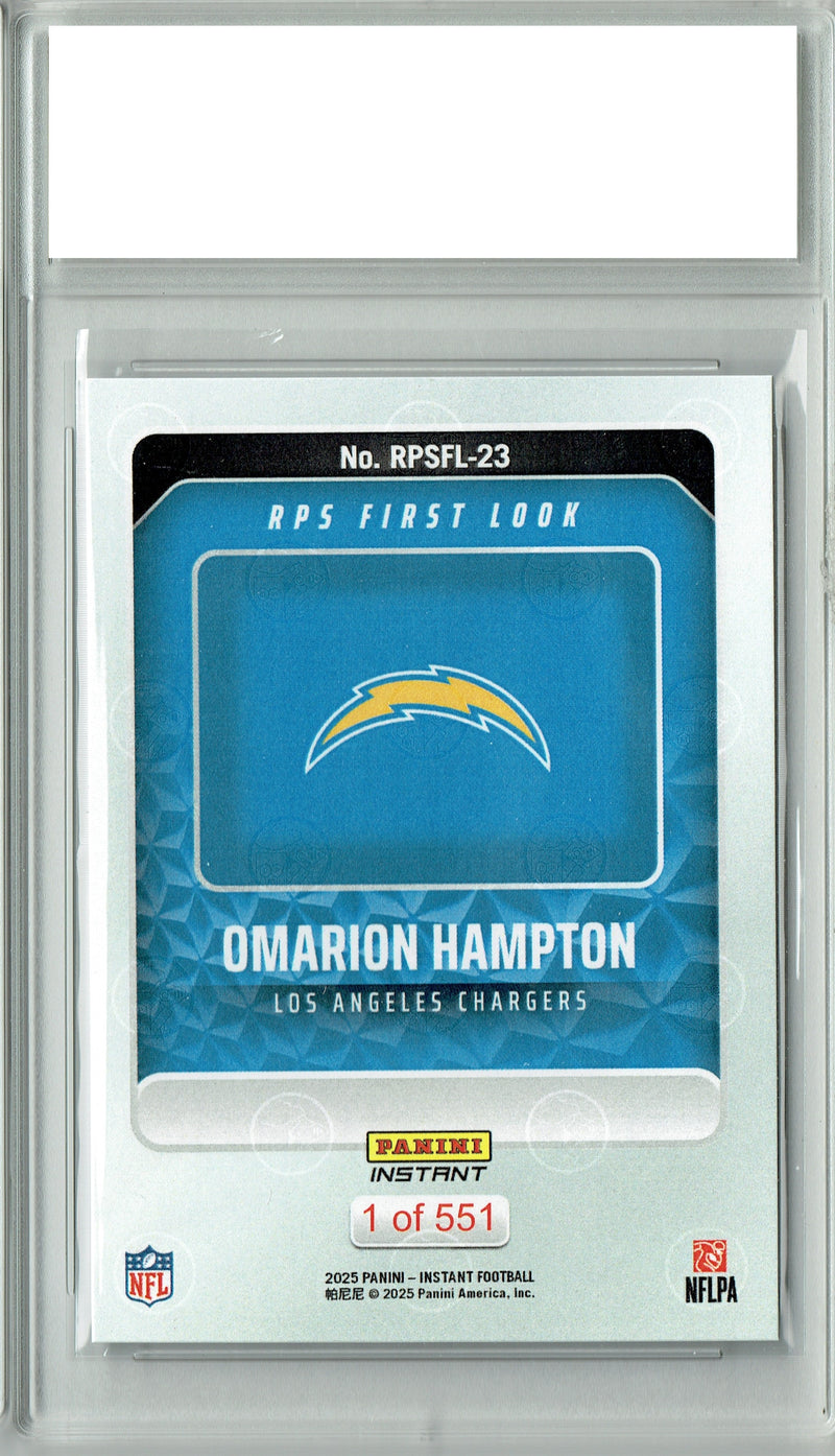 Certified Mint+ Omarion Hampton 2025 Panini Instant #RPSFL-23 RPS First Look Rookie Card Los Angeles Chargers