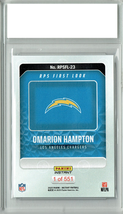 Certified Mint+ Omarion Hampton 2025 Panini Instant #RPSFL-23 RPS First Look Rookie Card Los Angeles Chargers