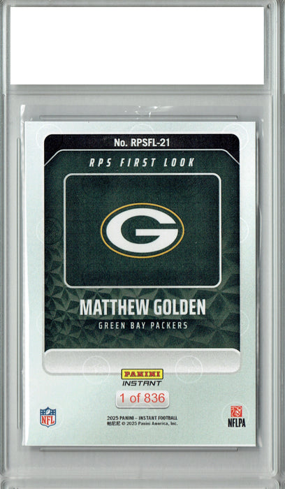 Certified Mint+ Mathhew Golden 2025 Panini Instant #RPSFL-21 RPS First Look Rookie Card Green Bay Packers