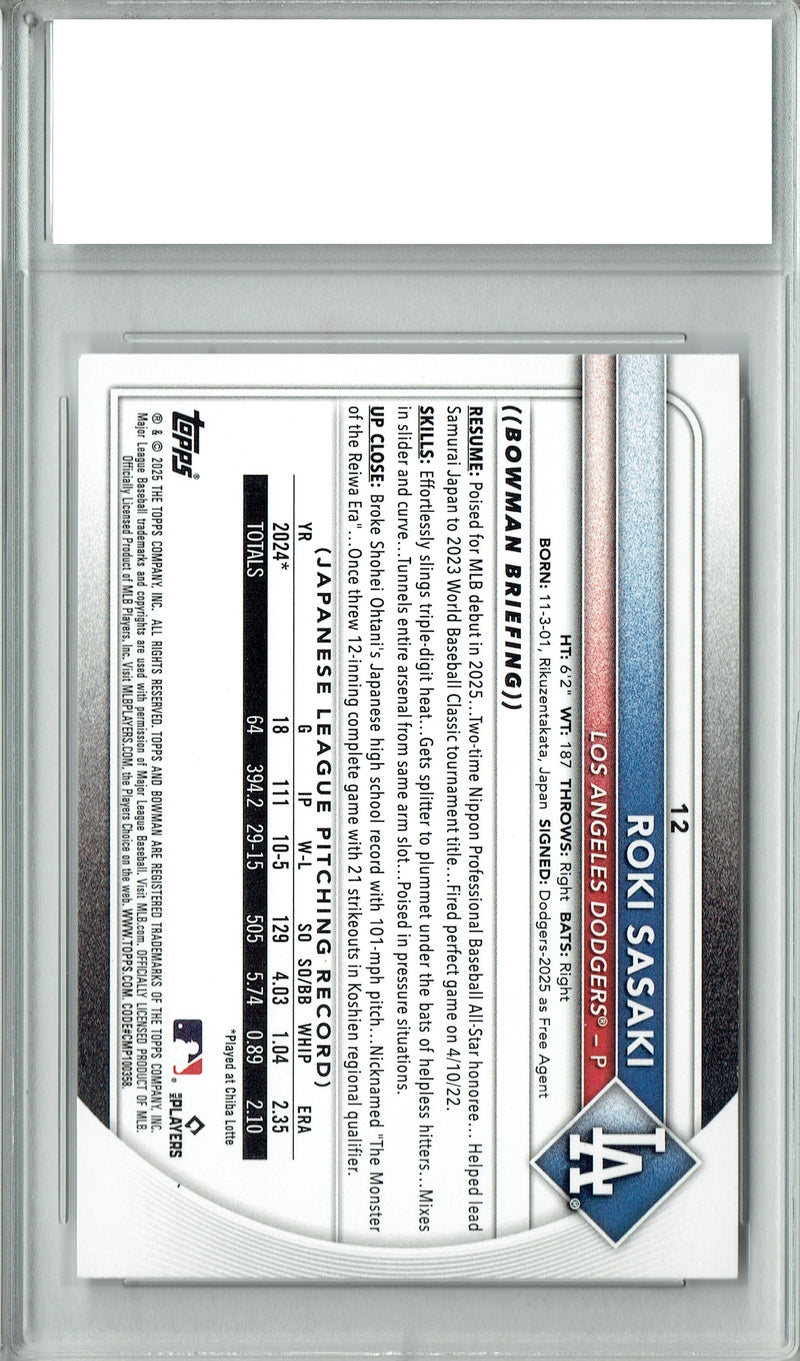 Certified Mint+ Roki Sasaki 2025 Bowman #12 Rookie Card Los Angeles Dodgers