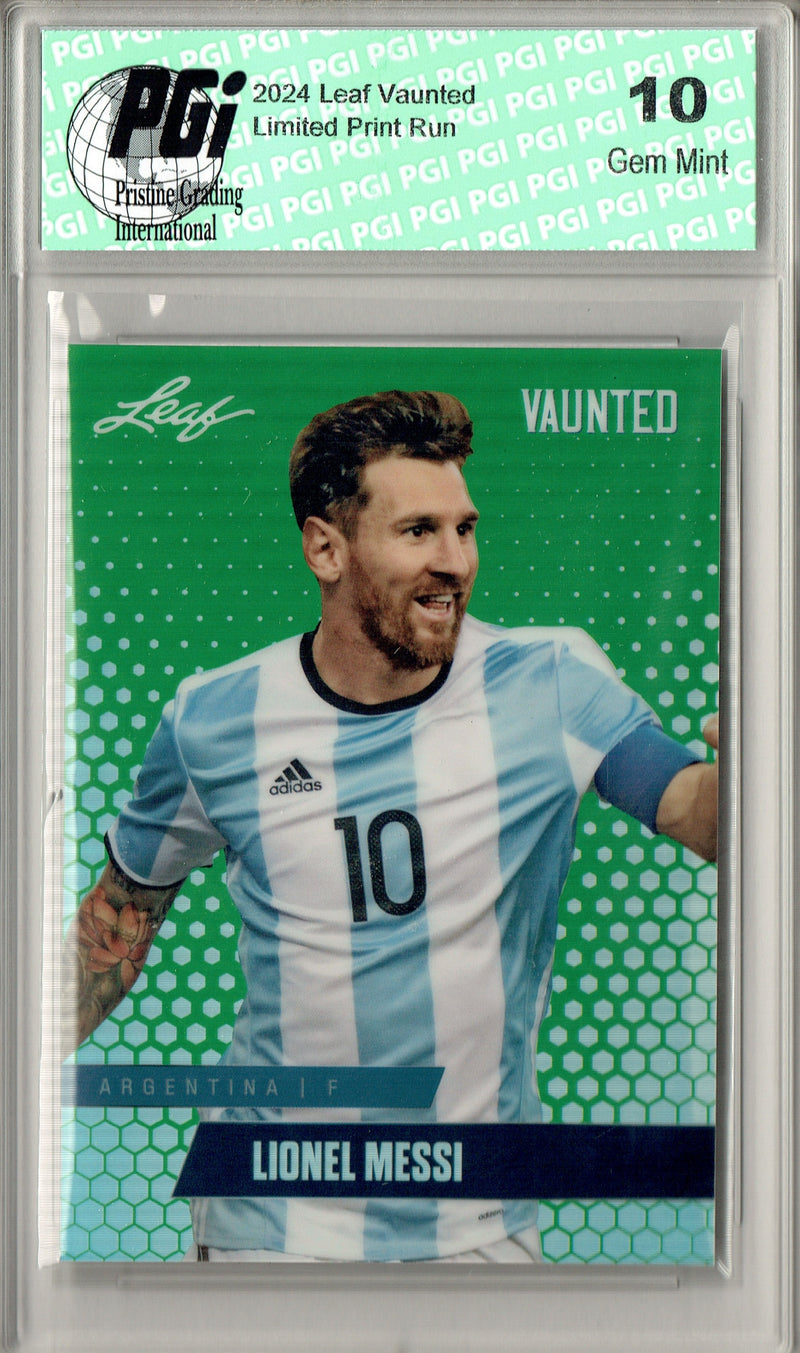 Lionel Messi 2024 Leaf Vaunted Metal #VM-11 Green 5 Made Rare Trading Card PGI 10