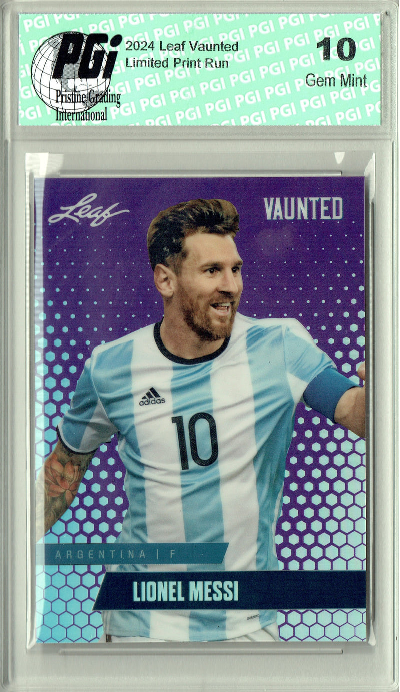 Lionel Messi 2024 Leaf Vaunted Metal #VM-11 Purple 15 Made Rare Trading Card PGI 10