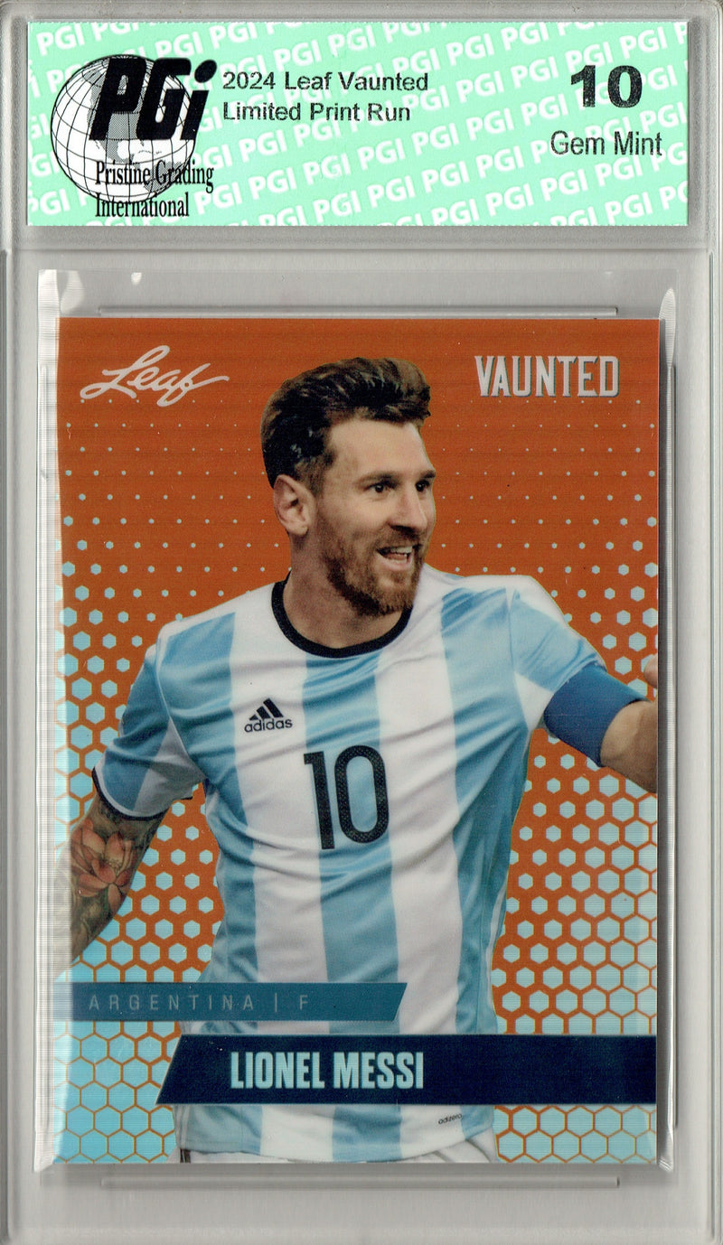 Lionel Messi 2024 Leaf Vaunted Metal #VM-11 Orange Only 3 Made Rare Trading Card PGI 10