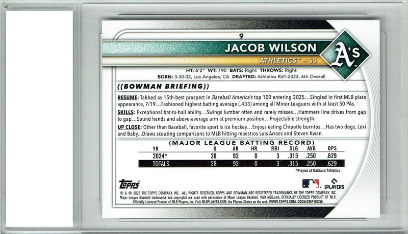 Jacob Wilson 2025 Bowman #9 Rookie of the Year A's Rookie Card PGI 10