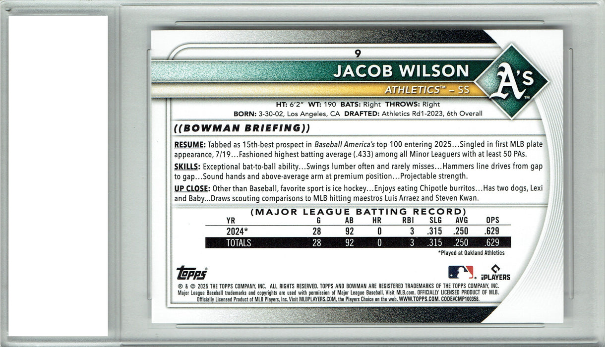 Certified Mint+ Jacob Wilson 2025 Bowman #9 Rookie of the Year Rookie Card Oakland Athletics