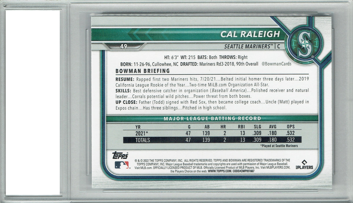 Certified Mint+ Cal Raleigh 2022 Bowman #49 Big Dumper Rookie Card Seattle Mariners