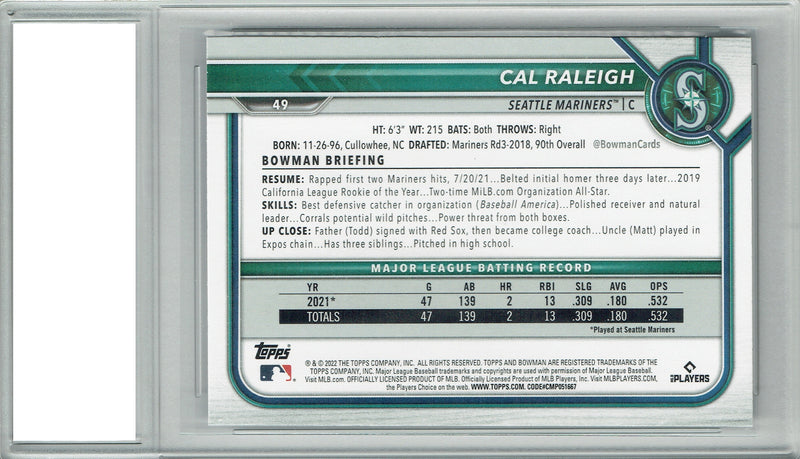 Cal Raleigh 2022 Bowman #49 Big Dumper Rookie Card PGI 10