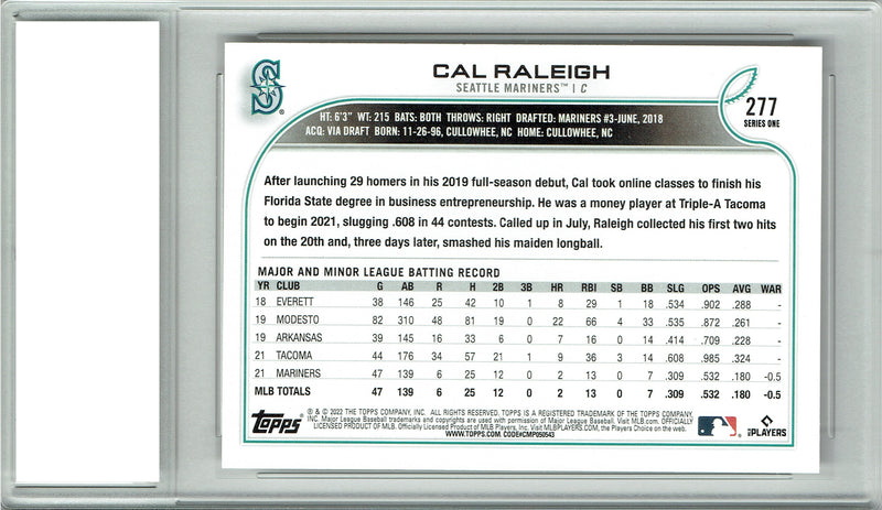 Certified Mint+ Cal Raleigh 2022 Topps #277 Big Dumper Rookie Card Seattle Mariners