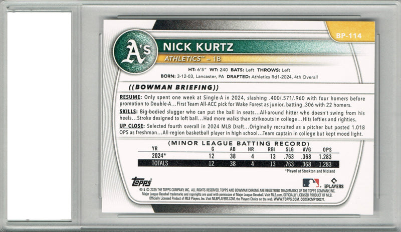 Certified Mint+ Nick Kurtz 2025 Bowman #BP-114 A's 4 HRs Athletics Rookie Card