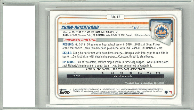 PGI 10 Pete Crow-Armstrong 2020 1st Bowman #BD-72 Rookie Card