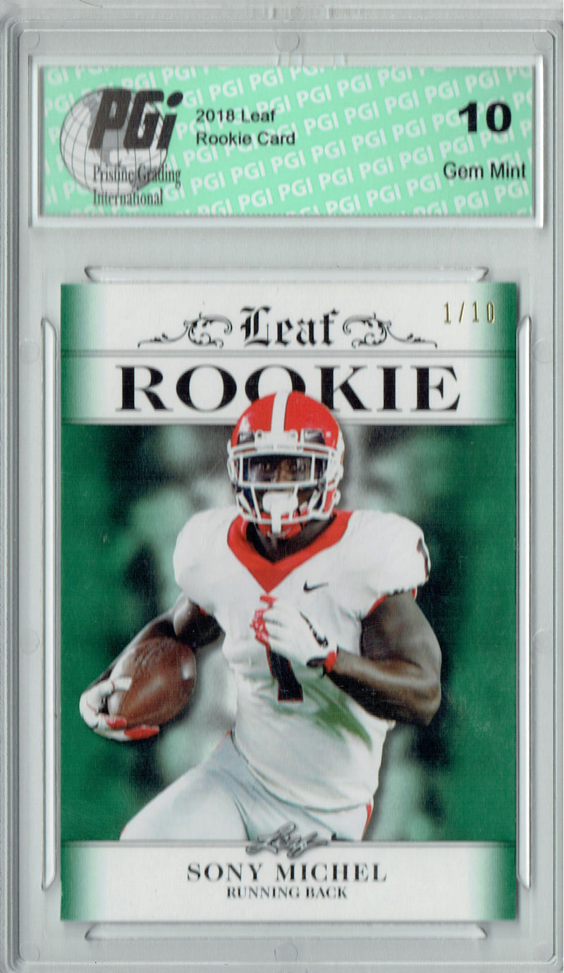 Sony Michel Rookie Card New England PGI 10 Gem Mint Football Trading Card 2018 Leaf Exclusive #RA-16 Emerald SP, #1 of 10