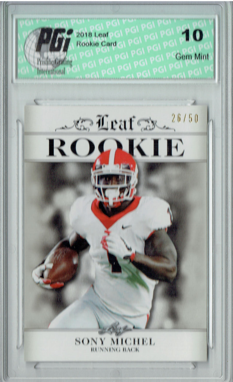 Sony Michel Rookie Card New England PGI 10 Gem Mint Football Trading Card 2018 Leaf Exclusive #RA-16 Pro Jersey #26/50