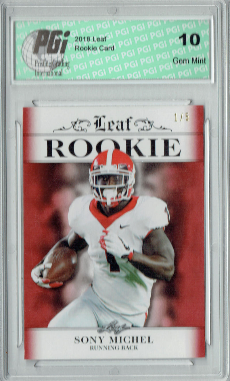 Sony Michel Rookie Card New England PGI 10 Gem Mint Football Trading Card 2018 Leaf Exclusive #RA-16 Ruby SP, The #1 of 5