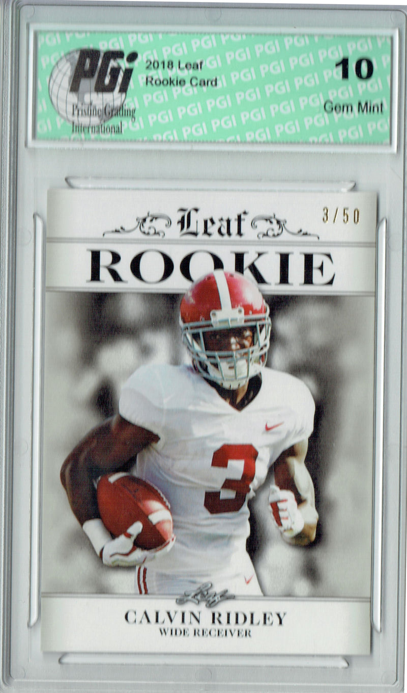 Calvin Ridley Rookie Card Atlanta PGI 10 Gem Mint Football Trading Card 2018 Leaf Ex. #RA-05 College Jersey #3/50