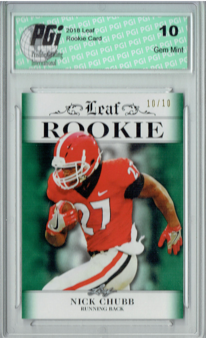 Nick Chubb Rookie Card Cleveland PGI 10 Gem Mint Football Trading Card 2018 Leaf Exclusive #RA-11 Emerald SP, 10 Made