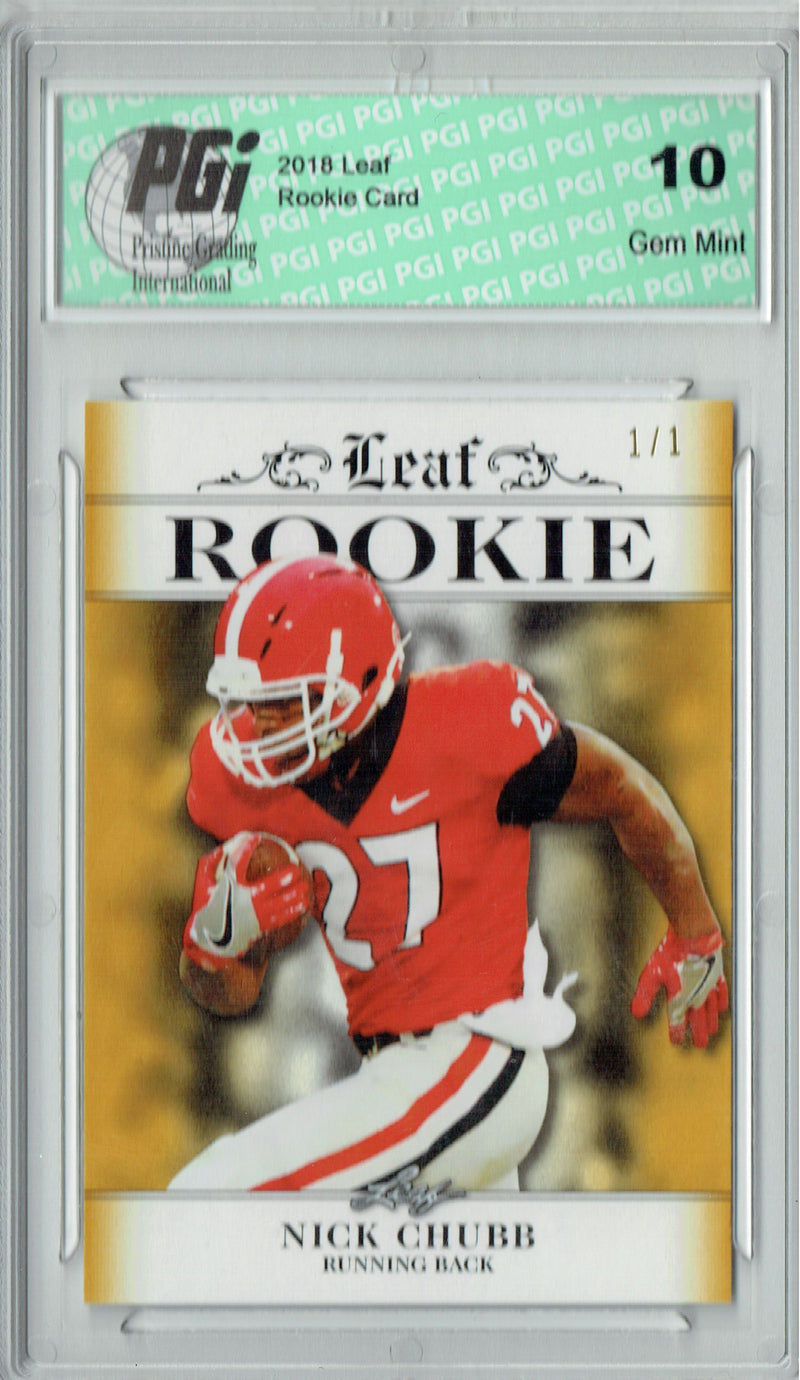 Nick Chubb Rookie Card Cleveland PGI 10 Gem Mint Football Trading Card 2018 Leaf Excl. #RA-11 Gold SP, True 1 of 1