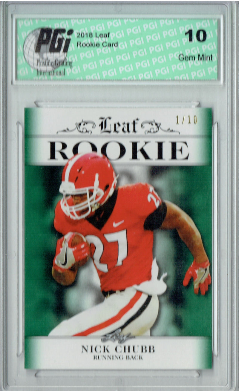 Nick Chubb Rookie Card Cleveland PGI 10 Gem Mint Football Trading Card 2018 Leaf Excl. #RA-11 Emerald, #1 of 10
