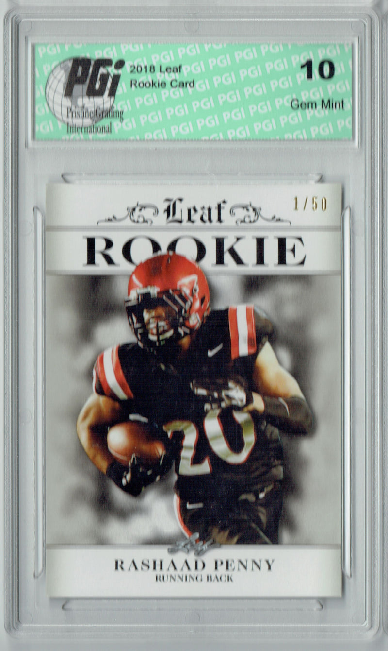 Rashaad Penny Rookie Card Seattle PGI 10 Gem Mint Football Trading Card 2018 Leaf Exclusive #RA-12 The #1 of 50