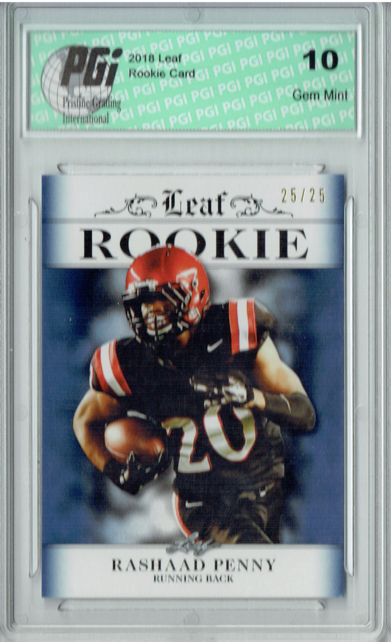 Rashaad Penny Rookie Card Seattle PGI 10 Gem Mint Football Trading Card 2018 Leaf Excl. #RA-12 Blue SP, Just 25 Made