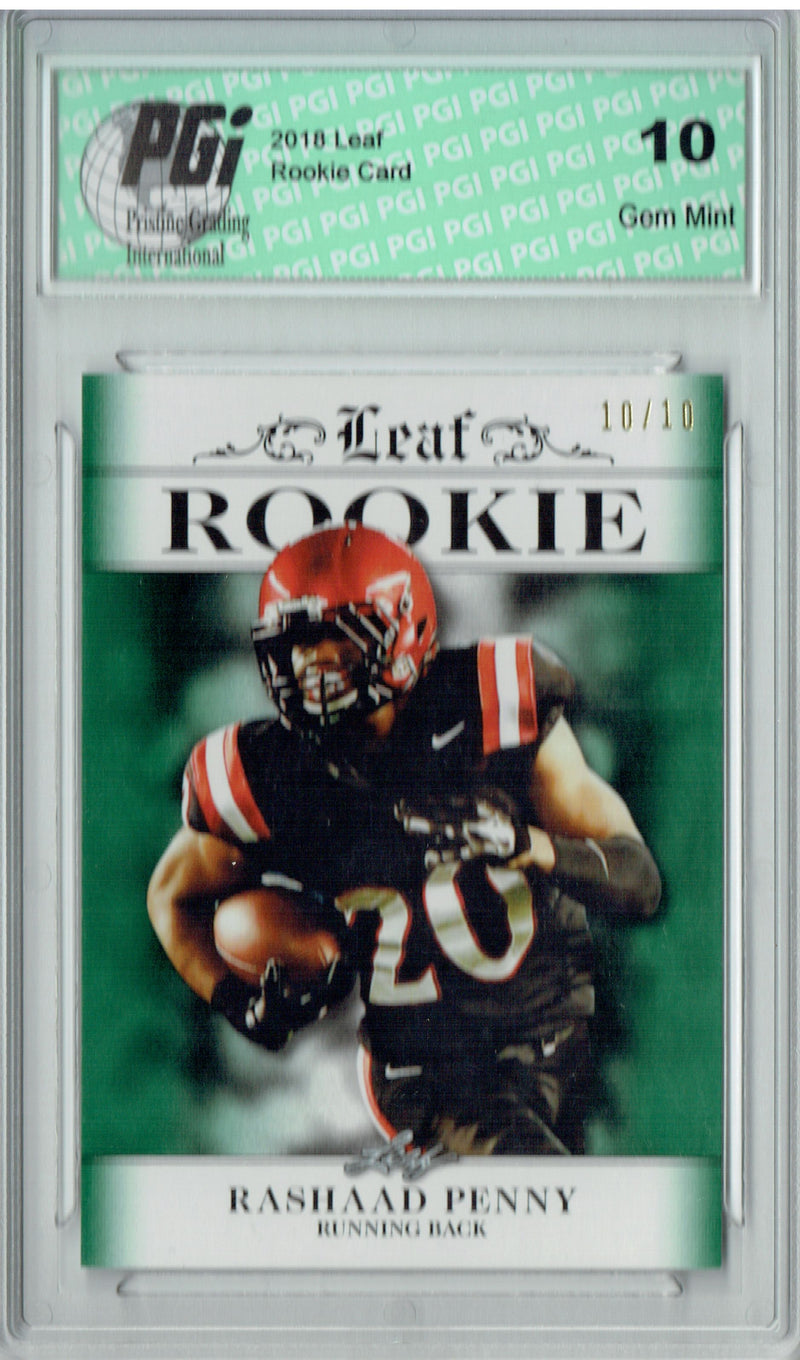Rashaad Penny Rookie Card Seattle PGI 10 Gem Mint Football Trading Card 2018 Leaf Excl. #RA-12 Green SP, Only 10 Made