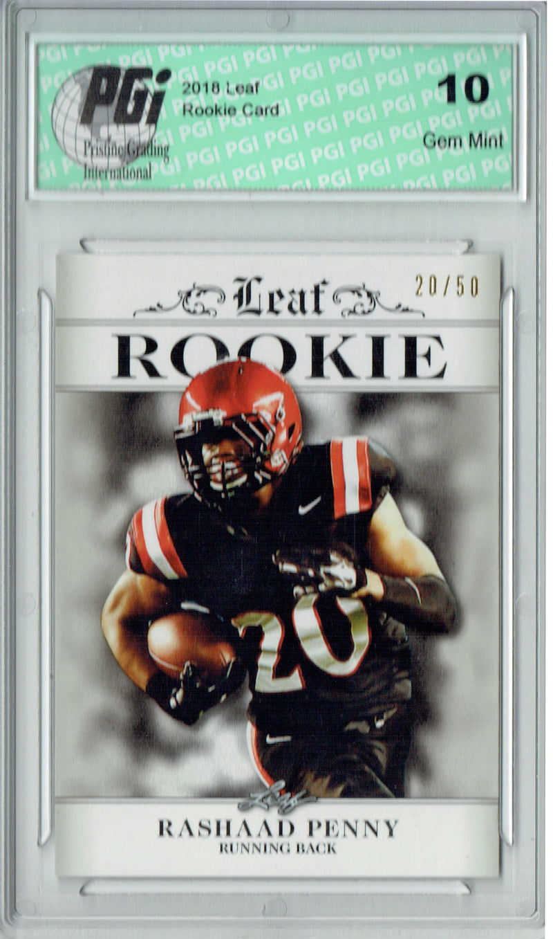 Rashaad Penny Rookie Card Seattle PGI 10 Gem Mint Football Trading Card 2018 Leaf Excl. #RA-12 Jersey #20/50