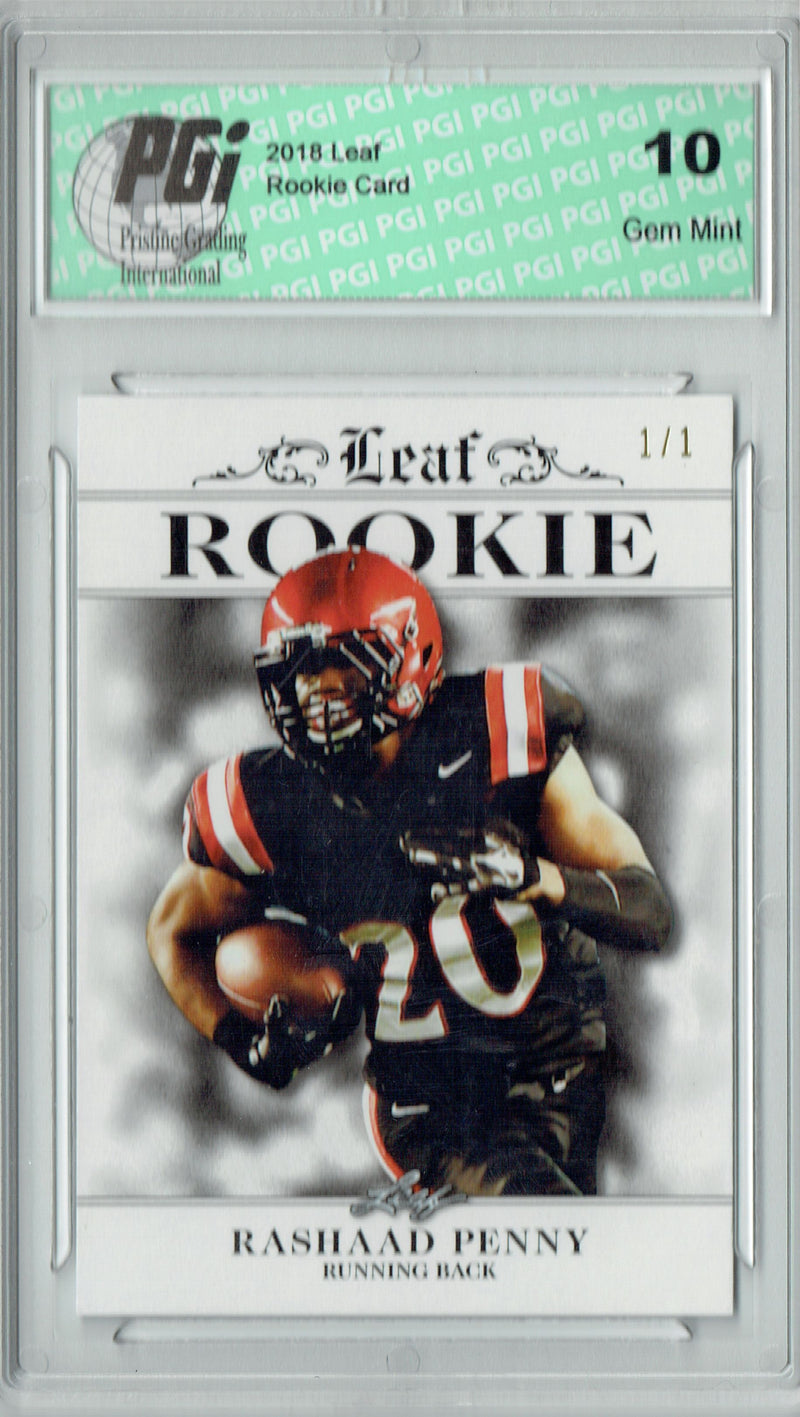 Rashaad Penny Rookie Card Seattle PGI 10 Gem Mint Football Trading Card 2018 Leaf Ex #RA-12 Silver Blank Back, 1 of 1