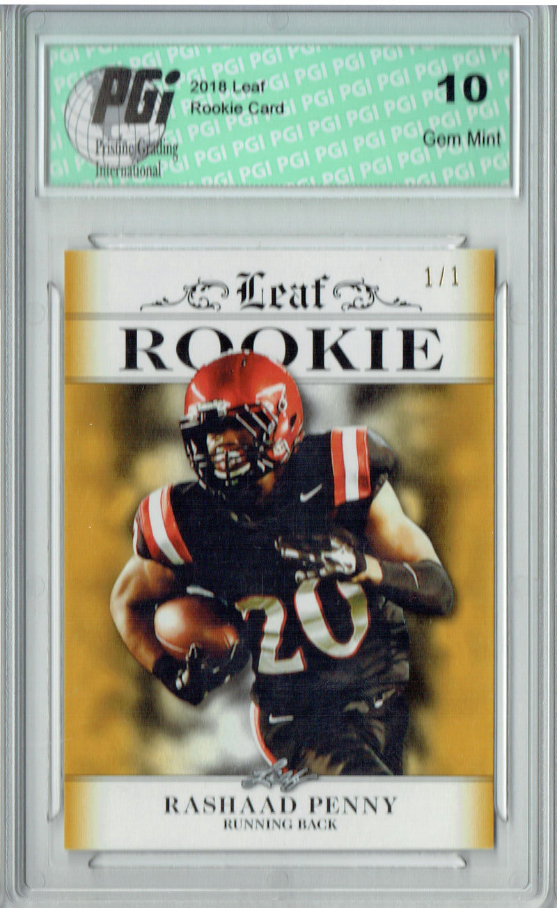 Rashaad Penny Rookie Card Seattle PGI 10 Gem Mint Football Trading Card 2018 Leaf Ex #RA-12 Gold Masterpiece, 1 of 1