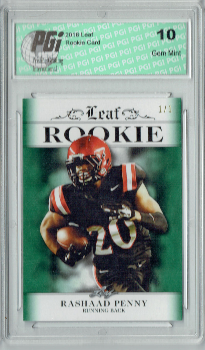 Rashaad Penny Rookie Card Seattle PGI 10 Gem Mint Football Trading Card 2018 Leaf Ex #RA-12 Green Blank Back, 1 of 1