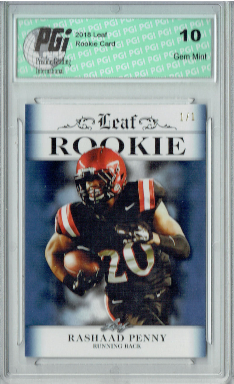 Rashaad Penny Rookie Card Seattle PGI 10 Gem Mint Football Trading Card 2018 Leaf Ex #RA-12 Blue Blank Back, 1 of 1