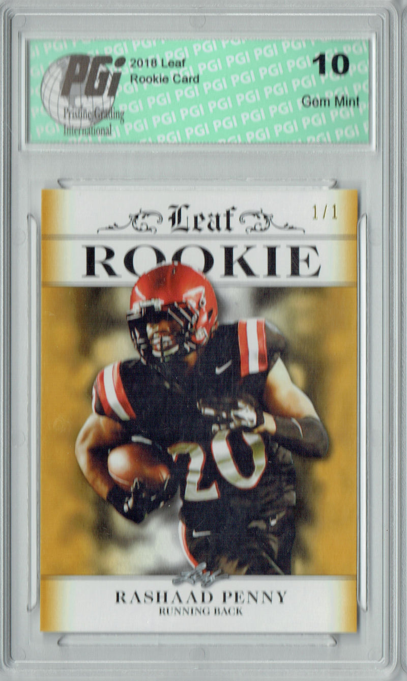 Rashaad Penny Rookie Card Seattle PGI 10 Gem Mint Football Trading Card 2018 Leaf Ex #RA-12 Gold Blank Back, 1 of 1